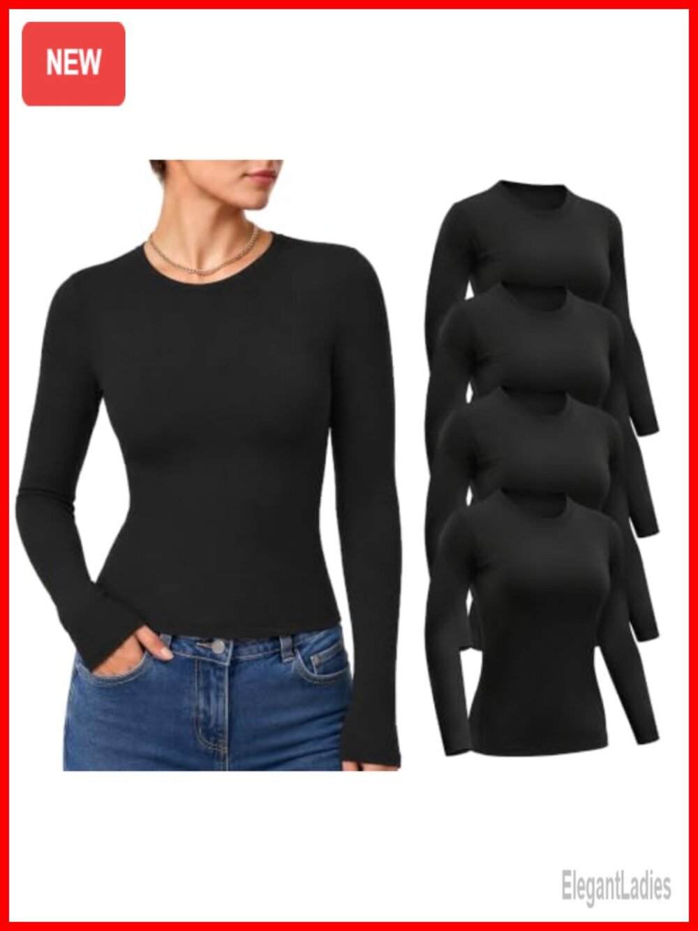 Women's Long Sleeve Slim Fit Crew Neck Underscrub Tops 4 Pack Layering Tees
